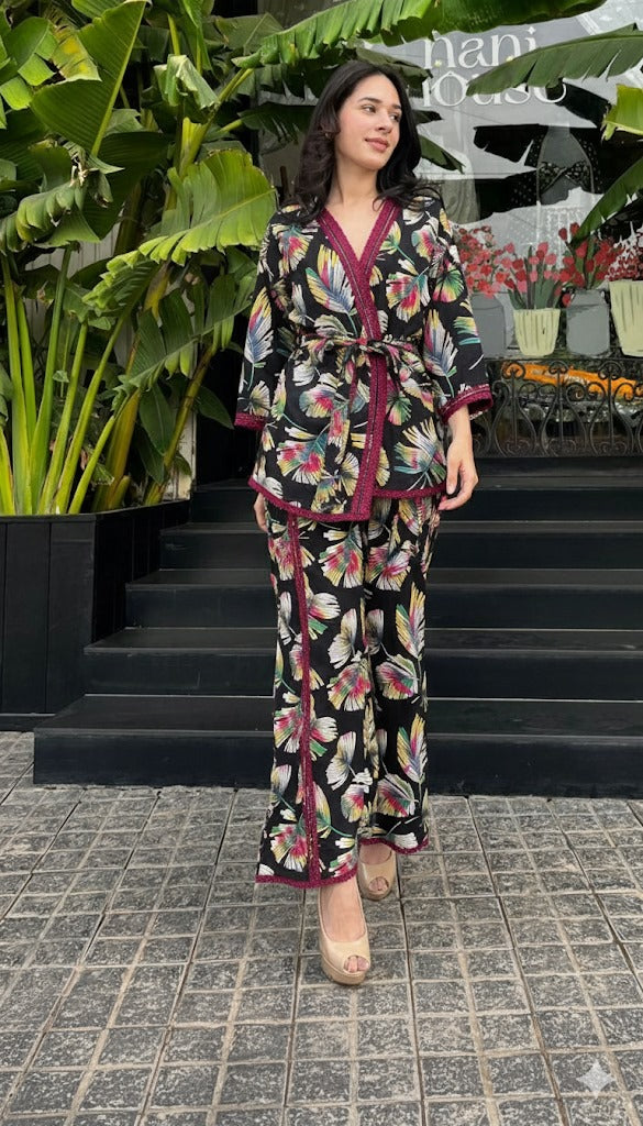 Black Floral Co-Ord Set with belt