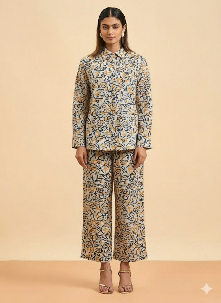 Beige Mustard Floral Printed Co-Ord Set