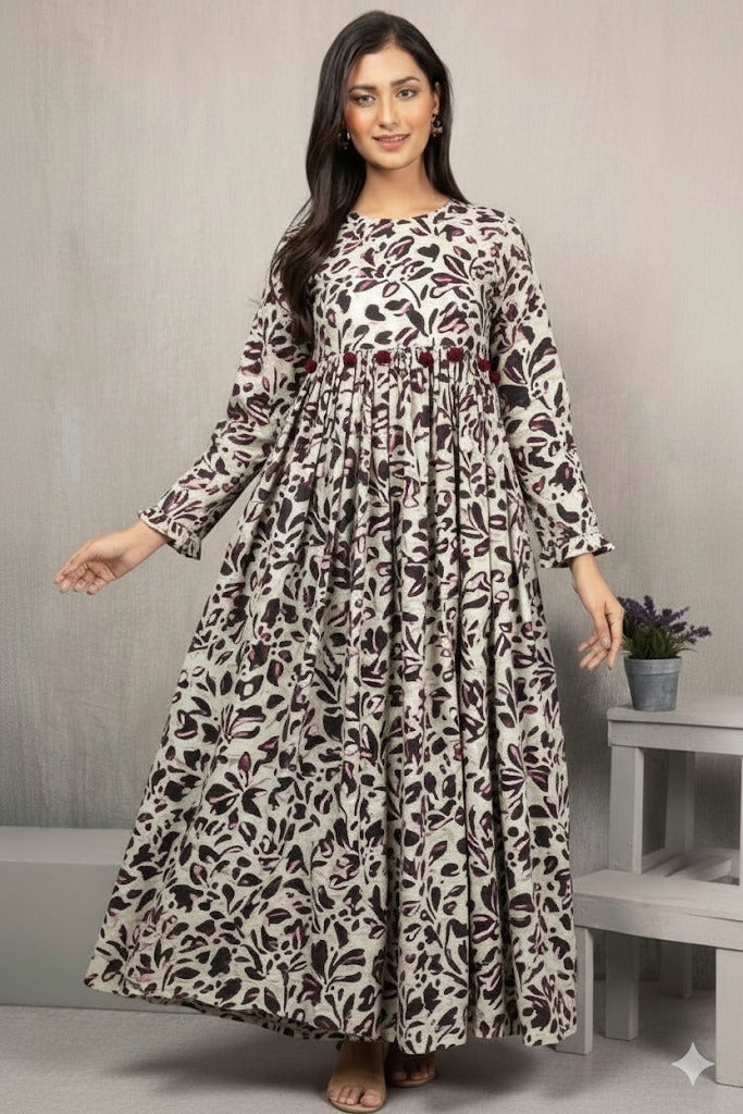 Maroon Beige Floral Print Frock