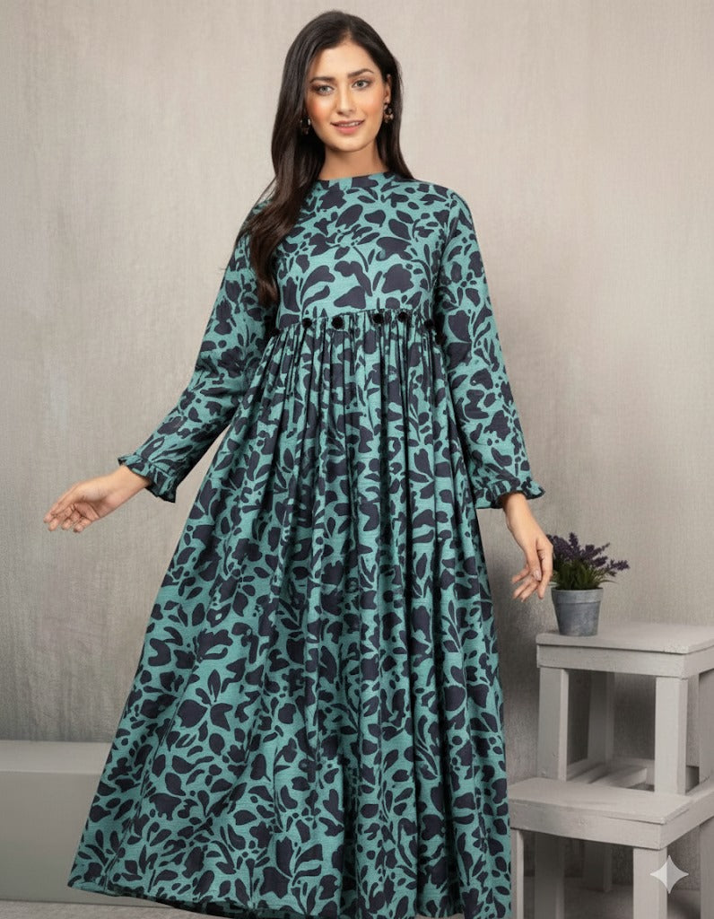Elegant Teal Floral Frock